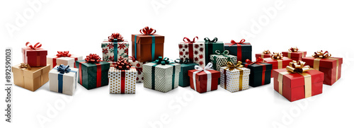 festively wrapped Christmas presents in a row and stacked, isolated