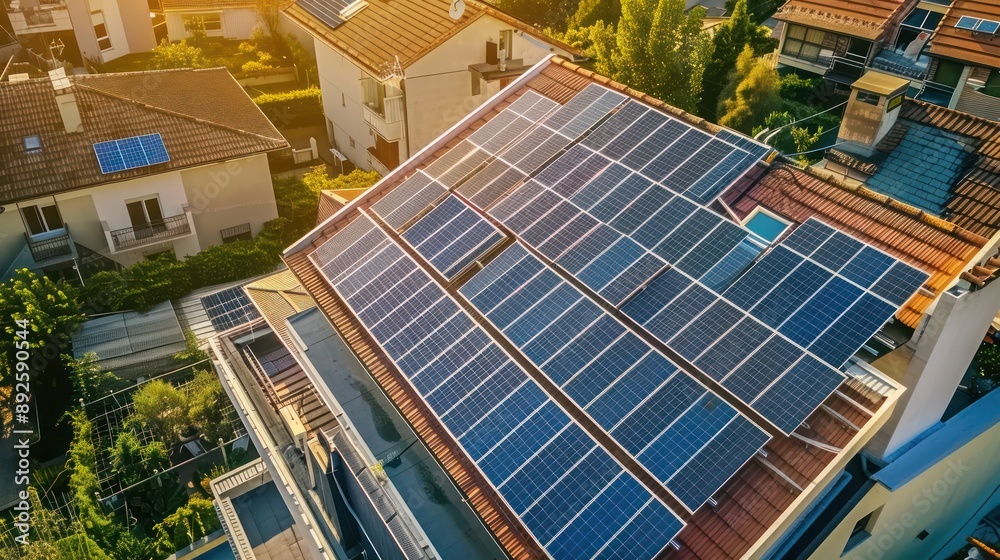 Fototapeta premium High-angle view of photovoltaic systems generating energy on rooftops.