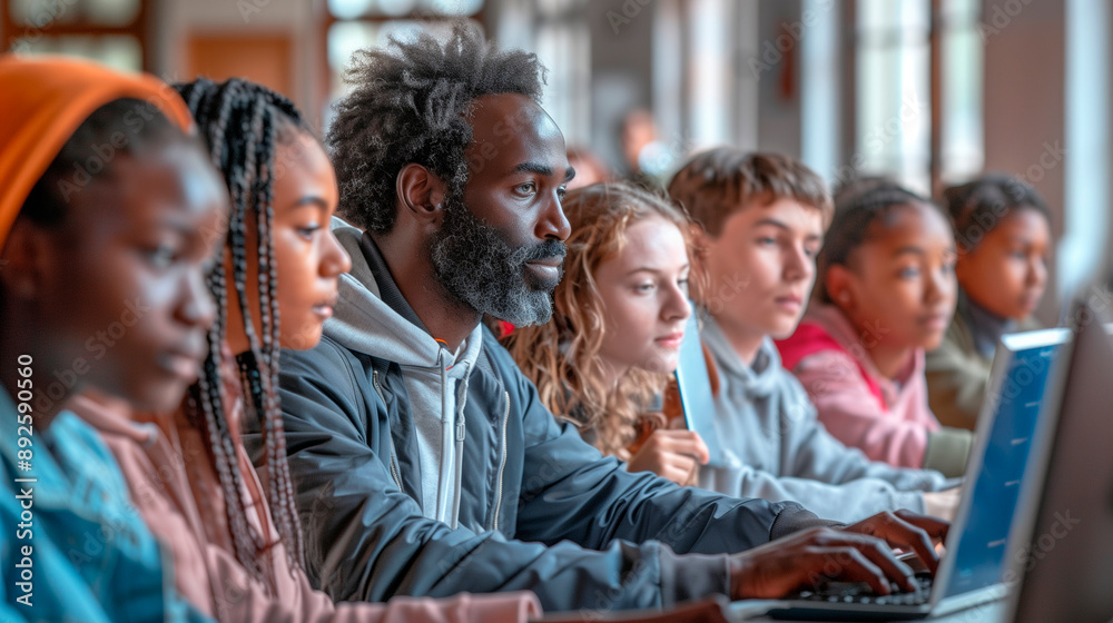 a knowledgeable teacher giving a lesson to a diverse multiethnic group of students in a college room, demonstrating new academic skills on a computer. Engaged female and male stude a knowledgeable teacher giving a lesson to a diverse multiethnic group of students in a college room, demonstrating new academic skills on a computer. Engaged female and male stude