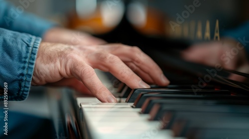 Close-up of wrinkled hands playing piano keys.  The image captures the beauty of aging and the passion for music.