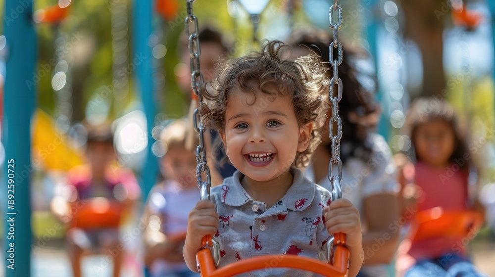 Parents pushing their children on swings at a playground, with happy faces and blue skies Parents pushing their children on swings at a playground, with happy faces and blue skies