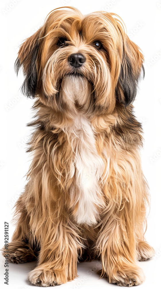 A dog with long hair is sitting on a white background A dog with long hair is sitting on a white background