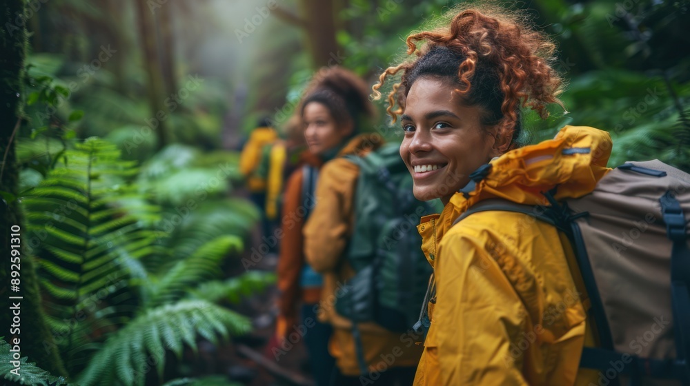 Group of friends hiking through a lush forest, enjoying the fresh air, breathtaking scenery, and the sense of camaraderie Group of friends hiking through a lush forest, enjoying the fresh air, breathtaking scenery, and the sense of camaraderie