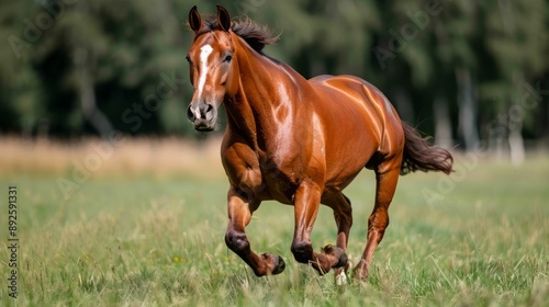 A chestnut horse runs through a grassy field with a blurred forest background