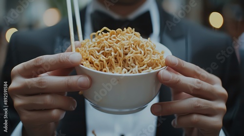 A person in a tuxedo, eating instant noodles