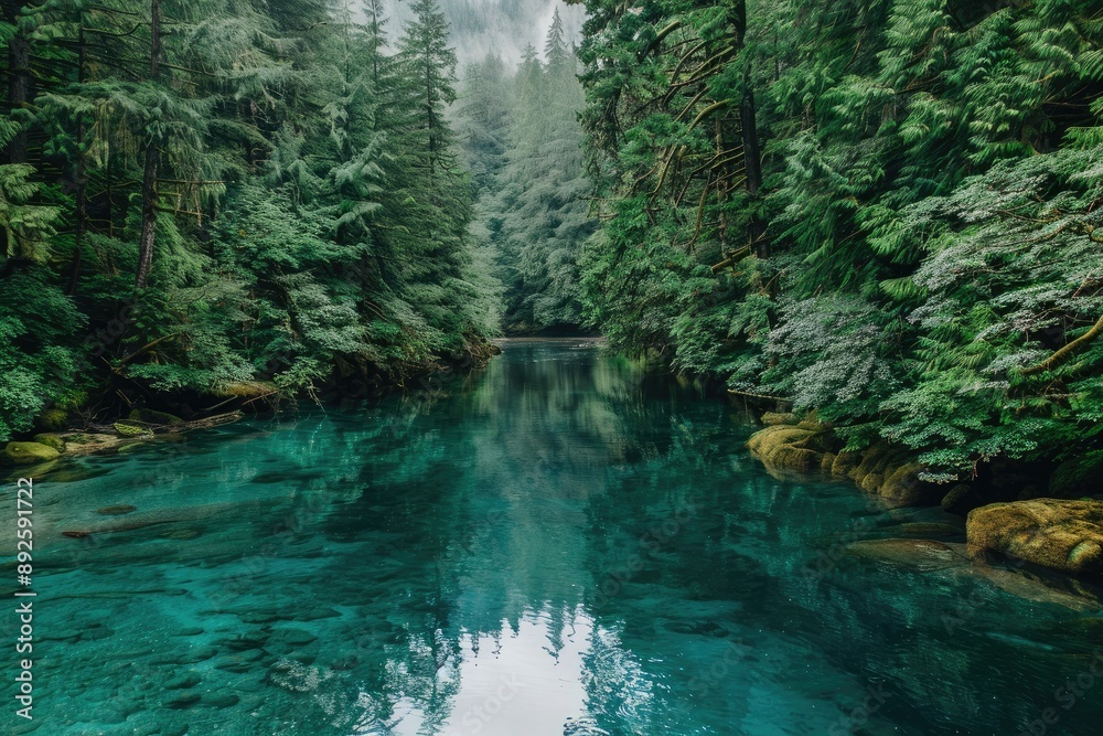 Serene forest with a clear turquoise river, surrounded by lush greenery and misty atmosphere. Perfect for nature and landscape photography. Serene forest with a clear turquoise river, surrounded by lush greenery and misty atmosphere. Perfect for nature and landscape photography.