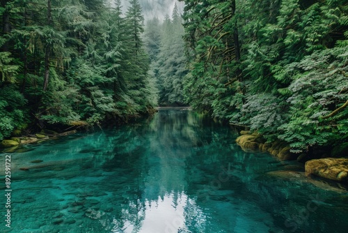 Serene forest with a clear turquoise river, surrounded by lush greenery and misty atmosphere. Perfect for nature and landscape photography.