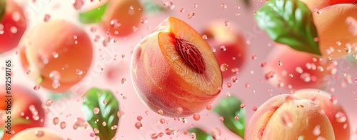 Mid-air peach fruit with half slice and green leaves, isolated on a colorful summer background