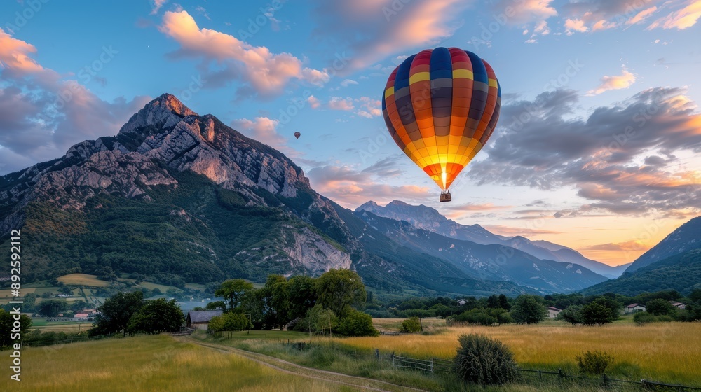 Obraz premium A colorful hot air balloon floating over a mountainous landscape at sunset, with the sky painted in warm hues and the ground displaying lush green fields and trees.