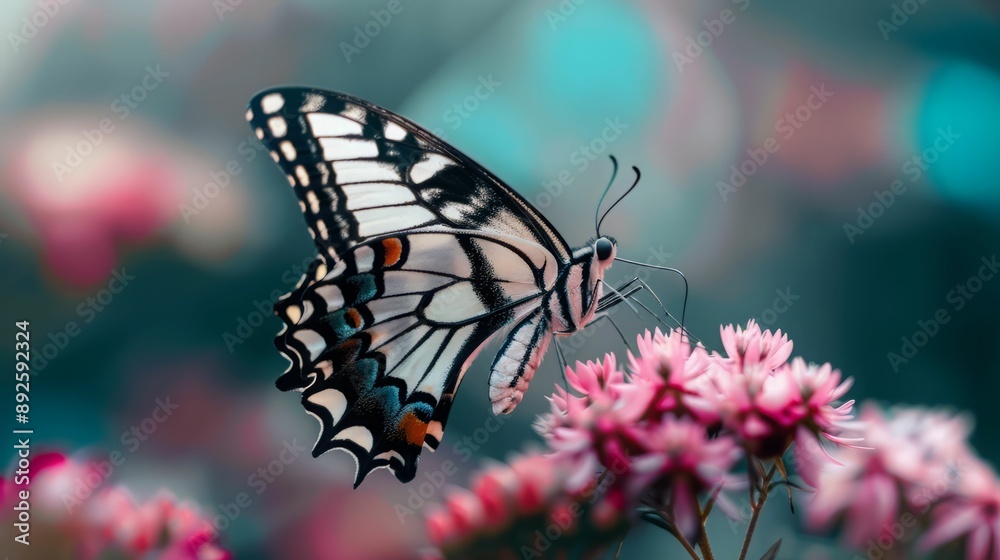 Obraz premium A vibrant butterfly with black and white wings perches on pink flowers, a blurred green background adding depth.