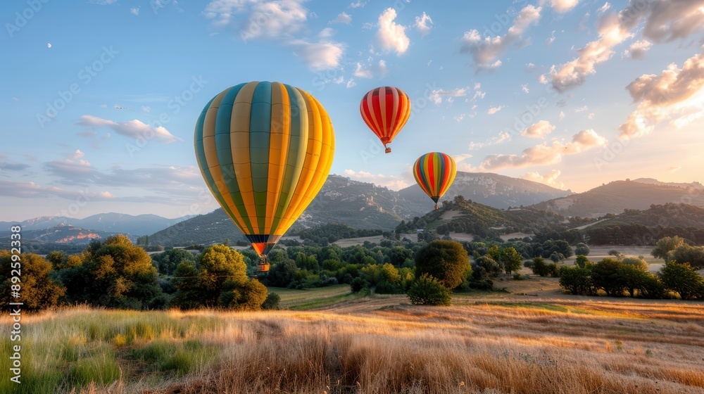 Obraz premium A picturesque scene with three hot air balloons floating over lush countryside at dusk, the sky illuminated with soft evening light and the landscape dotted with trees.