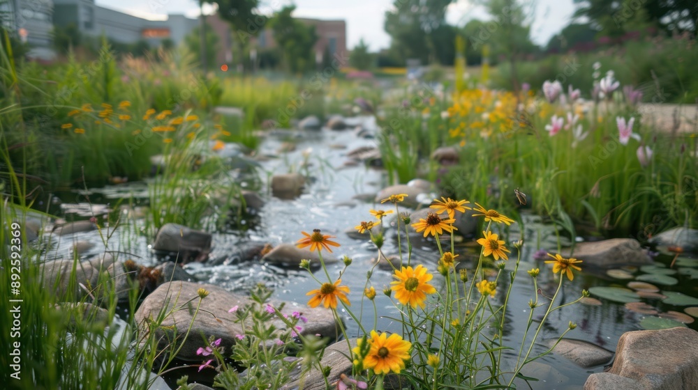 A rain garden in an urban area, absorbing rainwater and reducing runoff A rain garden in an urban area, absorbing rainwater and reducing runoff
