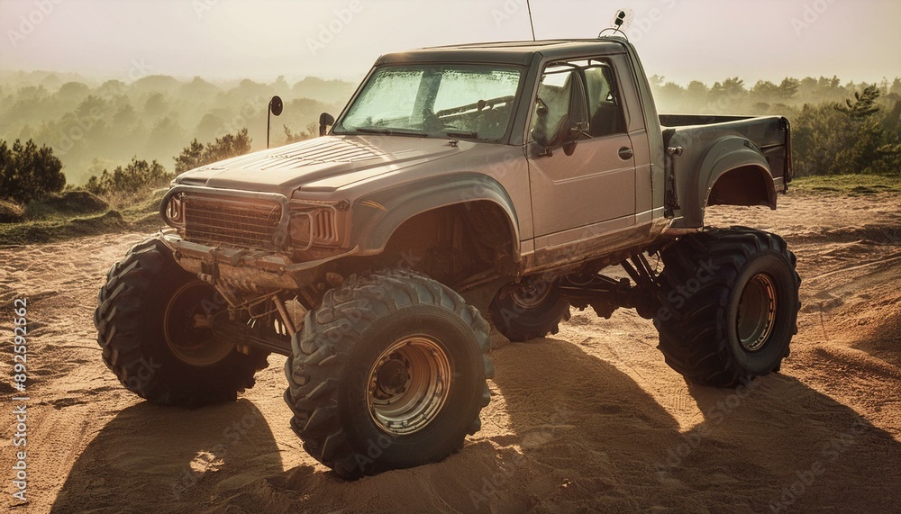 Obraz premium Rusty old apocalyptic monster car ridignt through desert