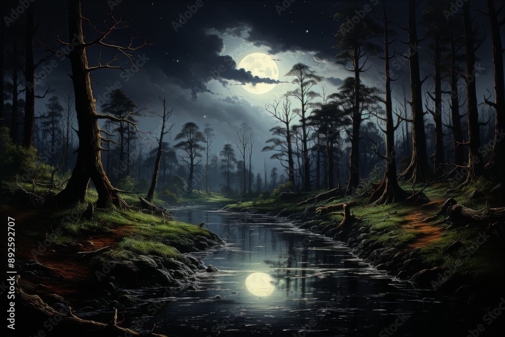 Fototapeta premium Moonlit Creek in a Dense Forest