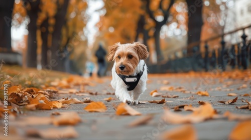 This peaceful image shows a small dog wearing a harness walking alone on a leaf-strewn path in an autumn park, capturing solitude and dogged determination. photo