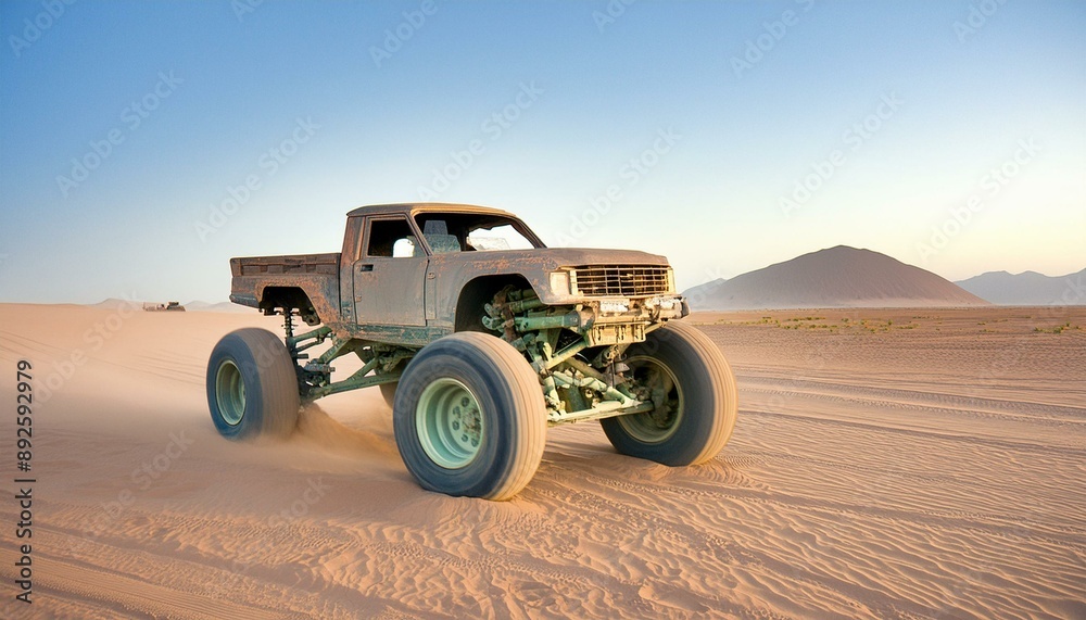Rusty old apocalyptic monster car ridignt through desert Rusty old apocalyptic monster car ridignt through desert
