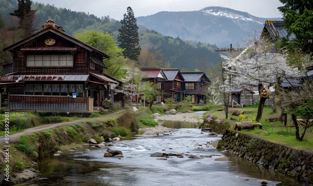 Naklejka premium Serene Japanese Village
