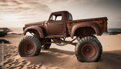 Rusty old apocalyptic monster car ridignt through desert