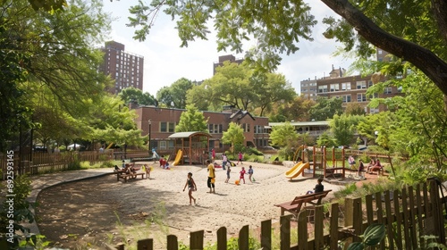 A green schoolyard with children playing in a safe, clean, and natural environment photo