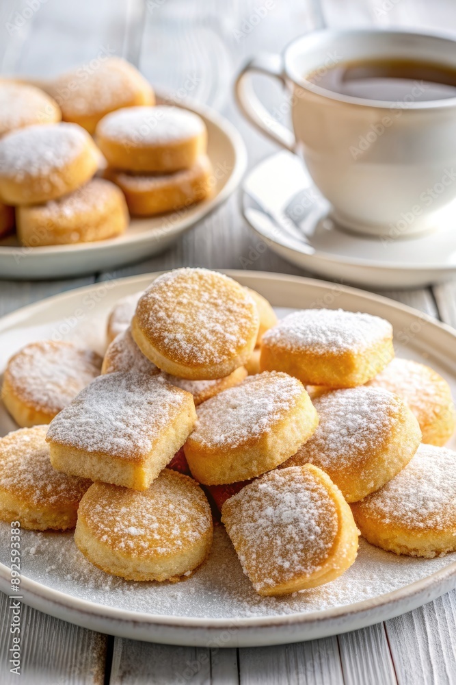 Freshly baked donuts with powdered sugar and a cup of coffee. Freshly baked donuts with powdered sugar and a cup of coffee.