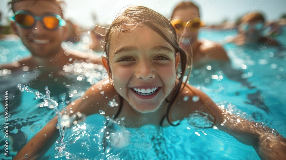 A family swimming in a pool, with splashes and joyful expressions A family swimming in a pool, with splashes and joyful expressions
