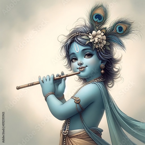 Beautiful portrait of lord krishna playing flute photo