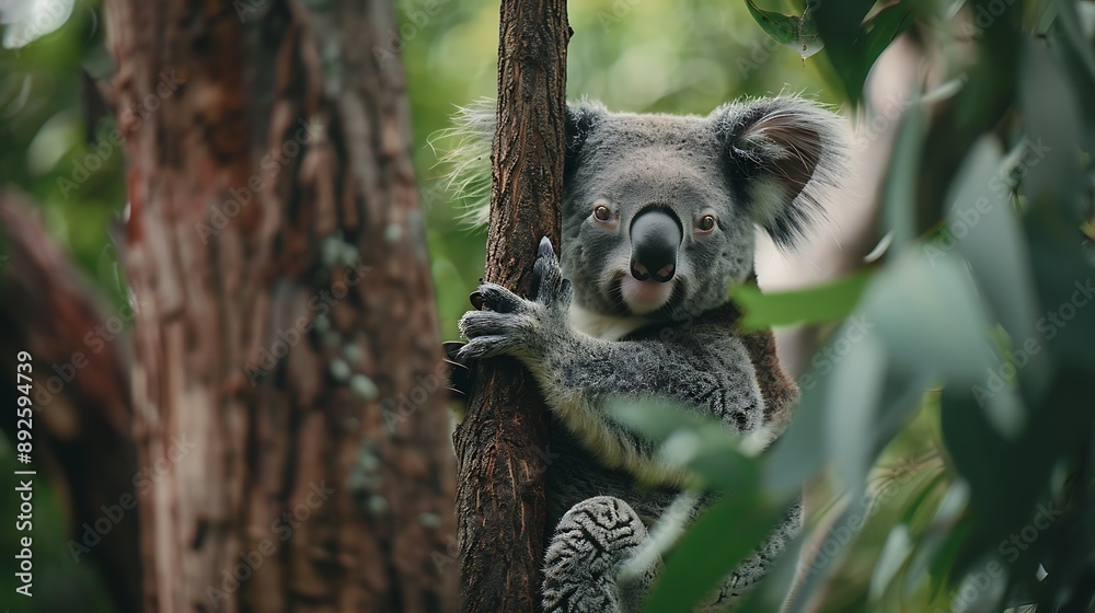 Fototapeta premium Koala on a tree with bush green background