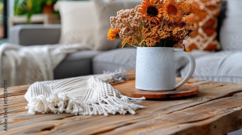 The image displays a mug with dried flowers in an autumn-themed setting, placed on a rustic wooden table, evoking warmth and natural charm in a cozy living room. photo