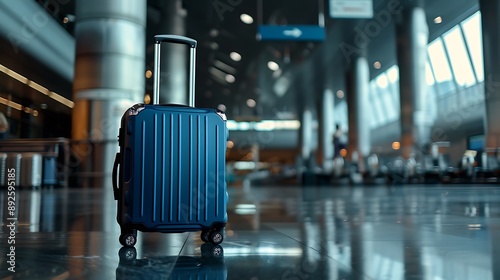 Large blue wheeled suitcase standing on the floor in modern airport terminal