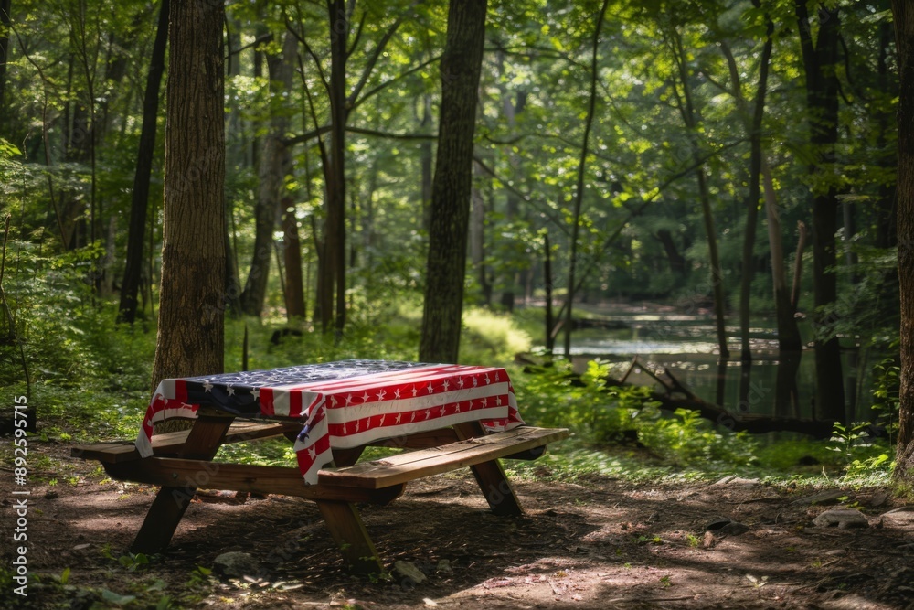 A serene forest clearing set for a patriotic celebration, complete with a red, white, and blue tablecloth. The perfect spot to enjoy a summer holiday with loved ones. A serene forest clearing set for a patriotic celebration, complete with a red, white, and blue tablecloth. The perfect spot to enjoy a summer holiday with loved ones.