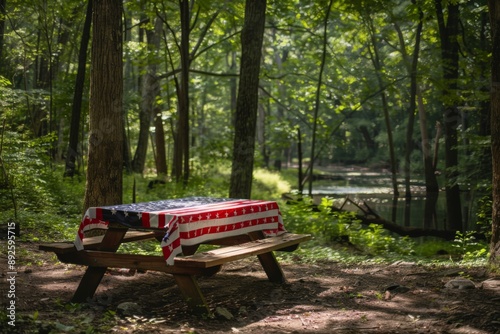 A serene forest clearing set for a patriotic celebration, complete with a red, white, and blue tablecloth. The perfect spot to enjoy a summer holiday with loved ones.