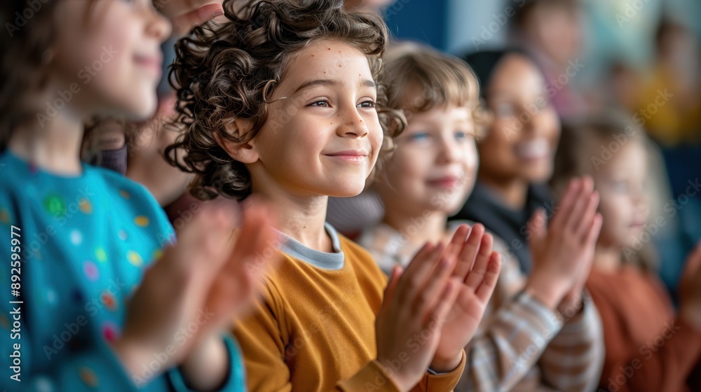 a family attending a school event, with children performing and parents clapping a family attending a school event, with children performing and parents clapping