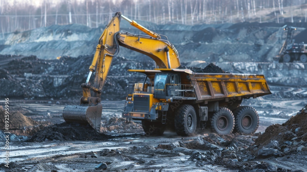 Excavator Loading Dump Truck with Coal at Mine Site. Excavator Loading Dump Truck with Coal at Mine Site.