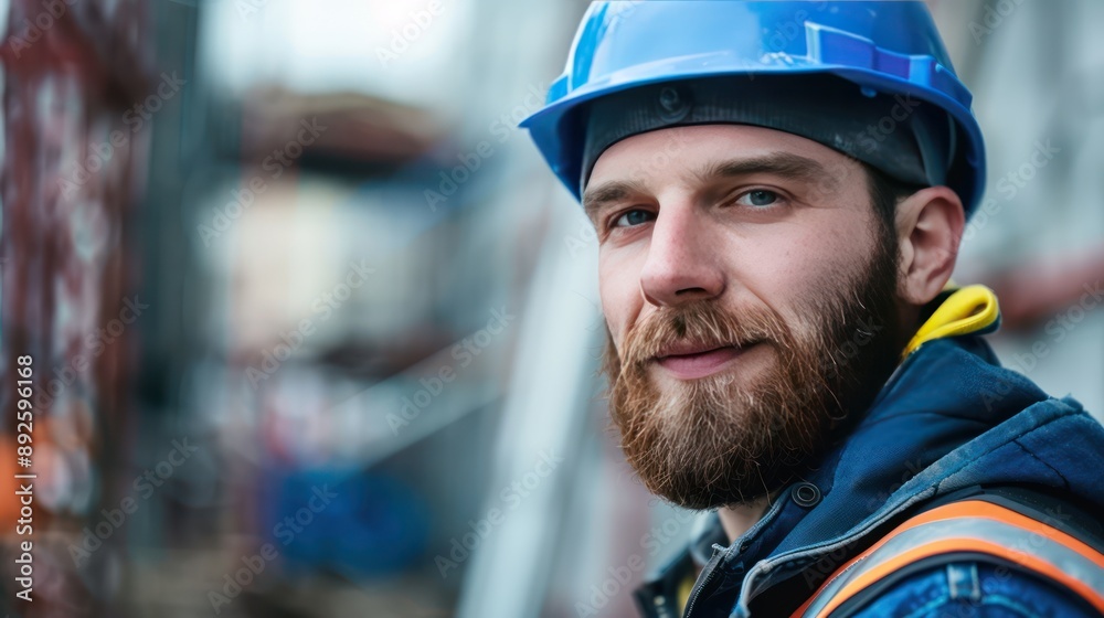 Male portrait of a construction worker at a building site, wearing a hard hat. Male portrait of a construction worker at a building site, wearing a hard hat.
