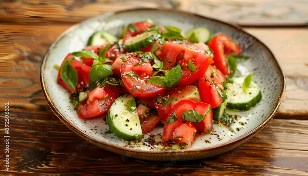 Tomato and cucumber salad with black pepper and basil on wooden table Tomato and cucumber salad with black pepper and basil on wooden table