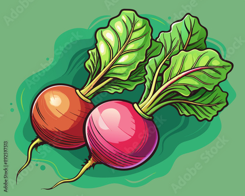 radish and lettuce  illustration Vector of fresh radish and lettuce , green isolated background, hand drawn vegetabes and fruit cartoon photo