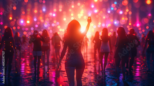 Vibrant Nightlife Scene with Crowd Dancing Under Colorful Lights photo