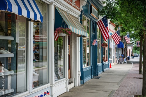 A charming small-town main street is decked out in patriotic decorations, with storefronts showcasing vibrant window displays. The atmosphere is lively and festive, perfect for a summer celebration. photo