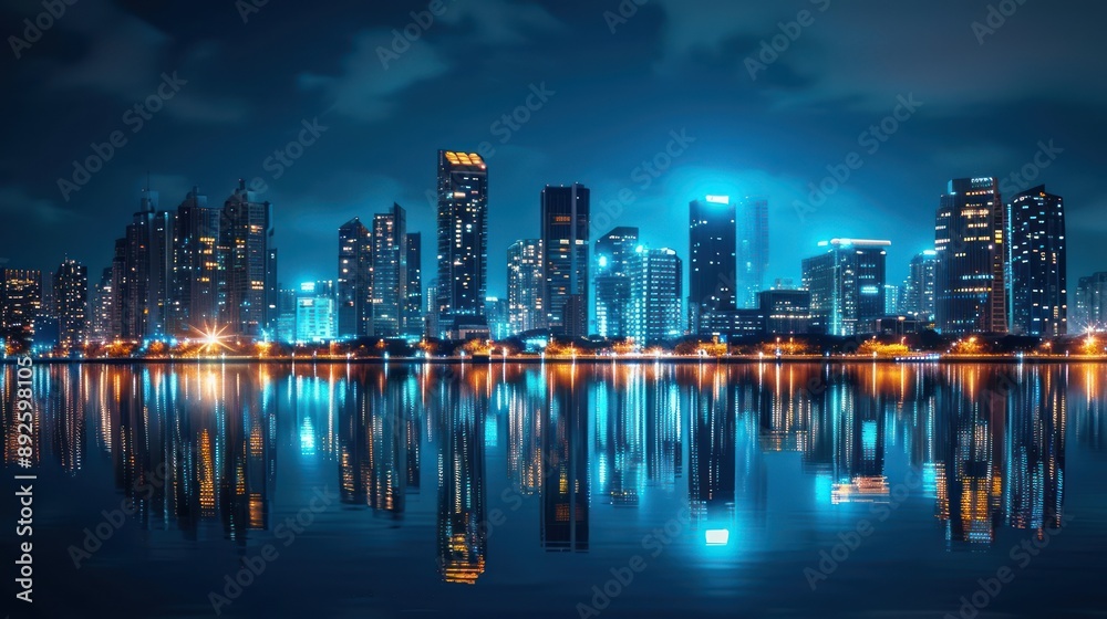 Fototapeta premium Nighttime cityscape with high-rise buildings reflecting in water. 