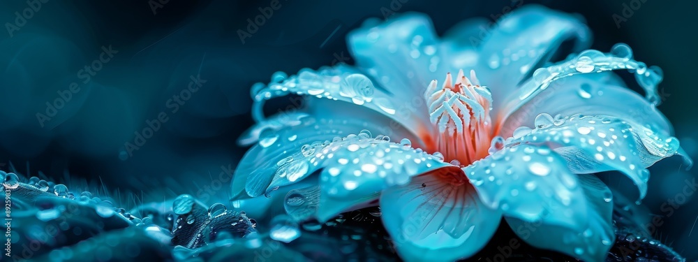 A tight shot of a blue bloom speckled with dewdrops, its heart a bold red center A tight shot of a blue bloom speckled with dewdrops, its heart a bold red center