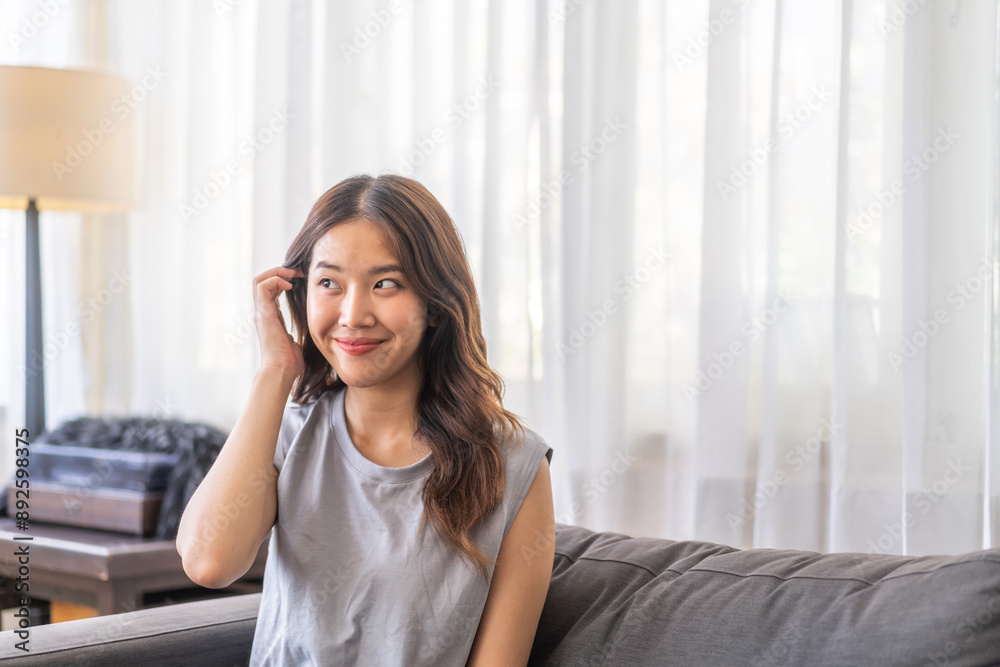 Portrait of smiling beautiful pretty asian woman clean fresh healthy white skin posing smile in pajamas white clothes, skincare, lady, model, cosmetic, fashion.Girl relax, enjoy at home.asia beauty Portrait of smiling beautiful pretty asian woman clean fresh healthy white skin posing smile in pajamas white clothes, skincare, lady, model, cosmetic, fashion.Girl relax, enjoy at home.asia beauty