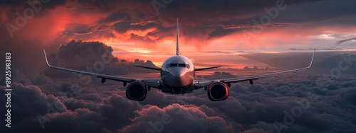  A large jetliner flies through cloudy skies, backdropped by an orange and red sunset Clouds scatter across the horizon, with a prop plane in the foreground