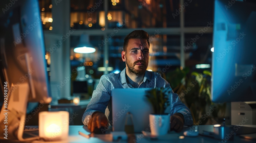 Fototapeta premium Office worker working late at night, illuminated by the glow of a computer screen.