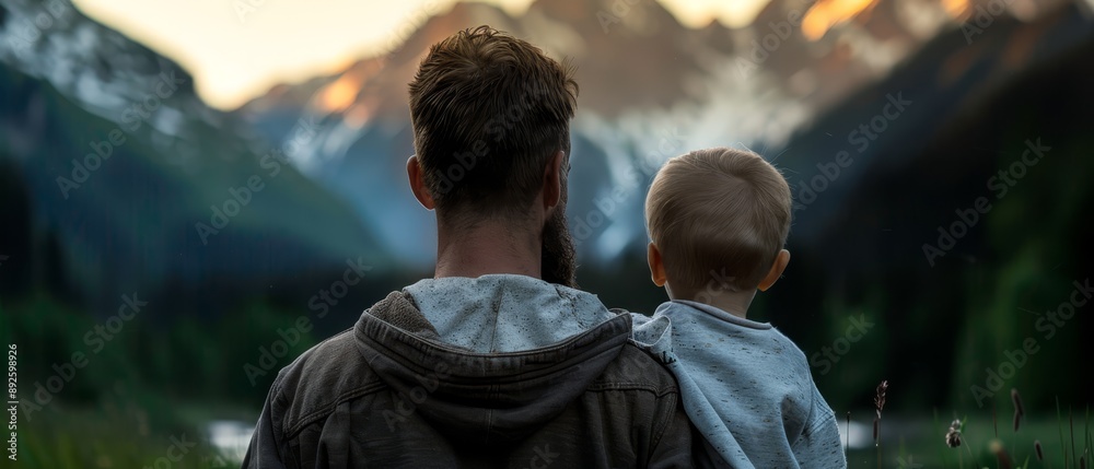 A man cradles a child against him, gazing at snow-capped mountains behind A man cradles a child against him, gazing at snow-capped mountains behind