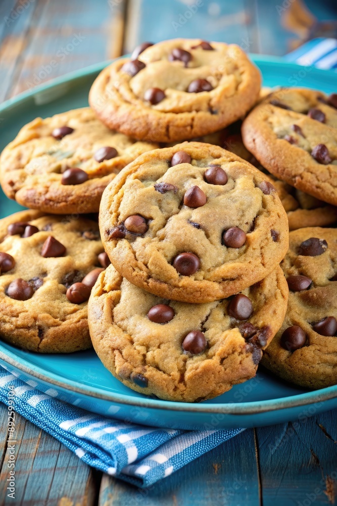 Freshly baked chocolate chip cookies on a blue tray. Freshly baked chocolate chip cookies on a blue tray.