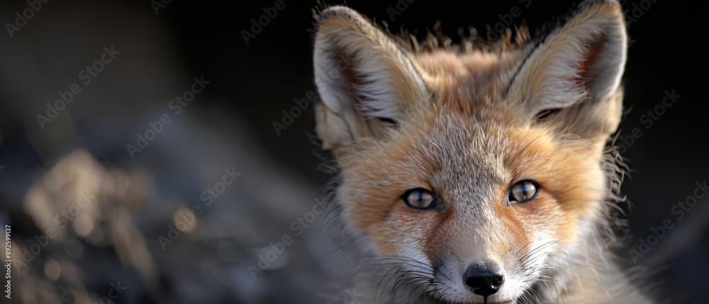 A tight shot of a fox's face with a blurred background and foreground A tight shot of a fox's face with a blurred background and foreground