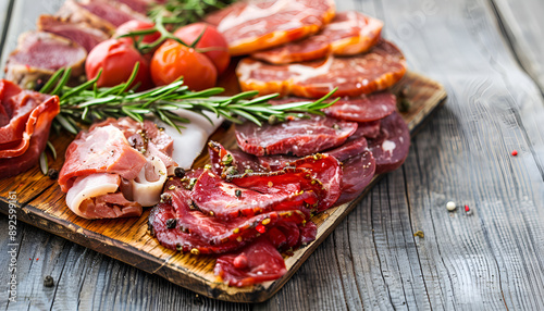 Meat appetizer on old wooden background