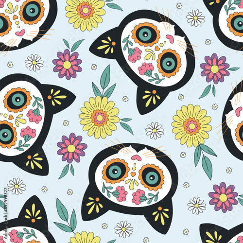 Mexican cat sugar scull vector seamless pattern. Day of the dead background