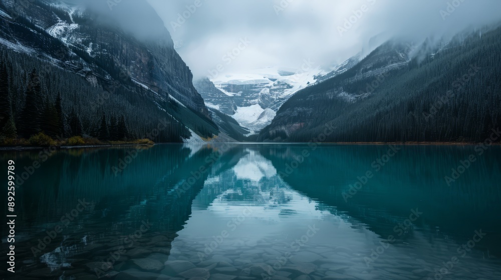 A fog-enshrouded lake nestled among mountains, capped with snow A fog-enshrouded lake nestled among mountains, capped with snow