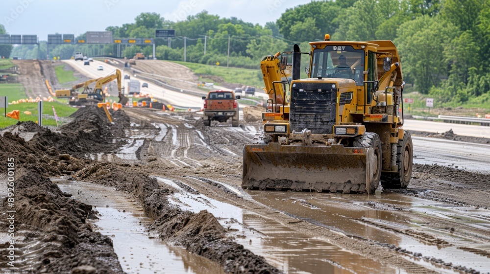 Excavator Working on a Muddy Road. Excavator Working on a Muddy Road.